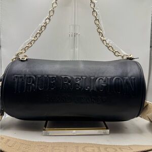 True Religion Black Barrel Bag with Chain and Canvas Strap